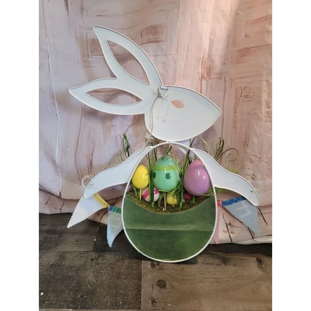 White easter‎ bunny egg grass sign decor spring bow